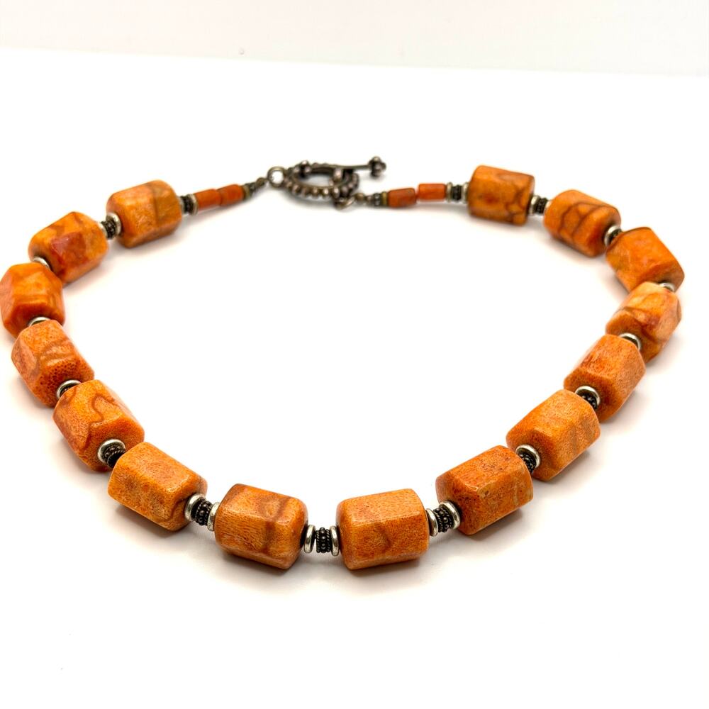 Vintage 90s Orange Sponge Coral Southwestern Barrel Statement Toggle Necklace